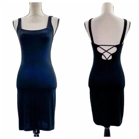 CARABELLA Collection Solid Black Sleeveless Strappy Back Mini Bodycon Dress - Picture 1 of 14